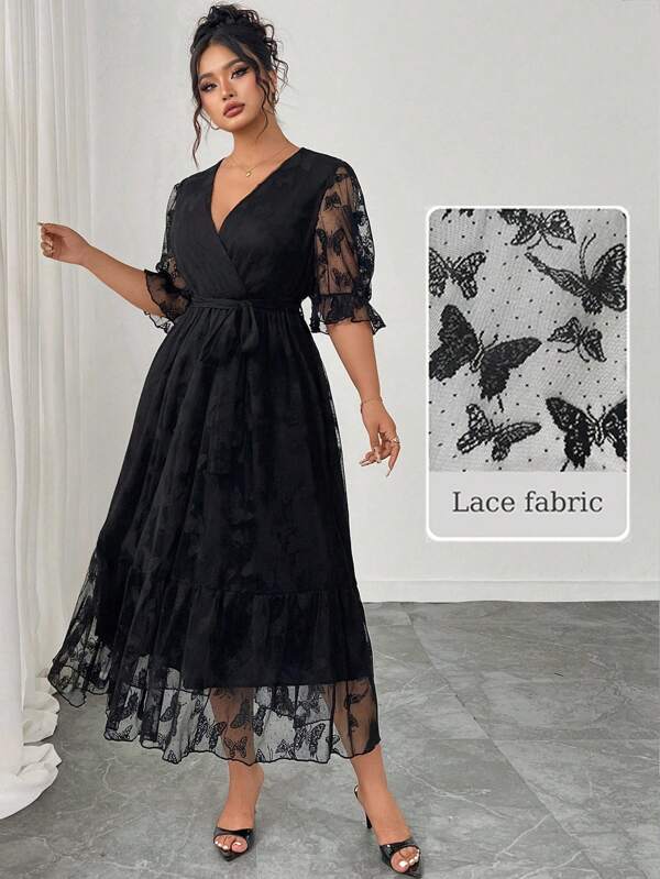 Modelyn Vestido elegante de manga abullonada con parches y encaje con diseño de mariposa para mujer de talla grande