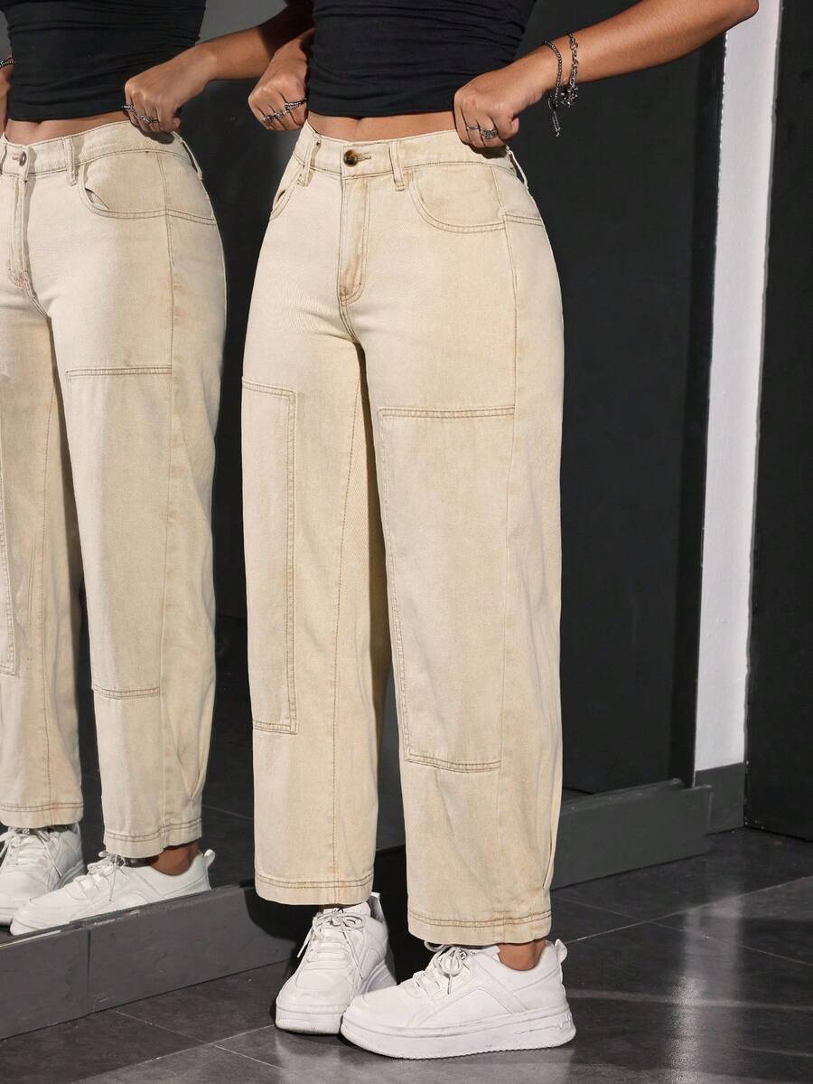 SHEIN PETITE Jeans casuales de corte holgado con bolsillos y vuelo para mujer - Mostaza Amarilla - Ver 1