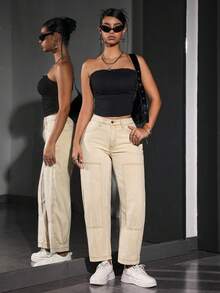 SHEIN PETITE Jeans casuales de corte holgado con bolsillos y vuelo para mujer - Mostaza Amarilla - Ver 5