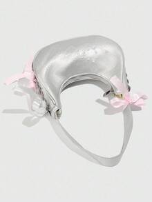 ROMWE Kawaii 1 chiếc túi xách hình lưỡi liềm bạc phong cách đại học ngọt ngào và sành điệu, túi đeo dưới cánh tay thêu nơ ruy băng ballet dành cho nữ - Nhiều màu - Xem 6