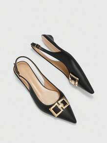 CUCCOO BIZCHIC 女士新款方扣尖头低跟平跟奇特鞋跟通勤风格百搭舒适黑色女士平底一脚蹬鞋，适合工作装 - 黑色 - 查看 9