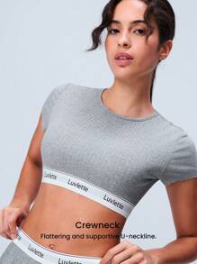 LUVLETTE 夏季运动风女式灰色柔软棉质罗纹内置罩杯文胸休闲上衣和裤子透气舒适睡衣套装，搭配弹力腰带带口袋运动裤，可作内衣外穿的配套套装 - 灰色 - 查看 9