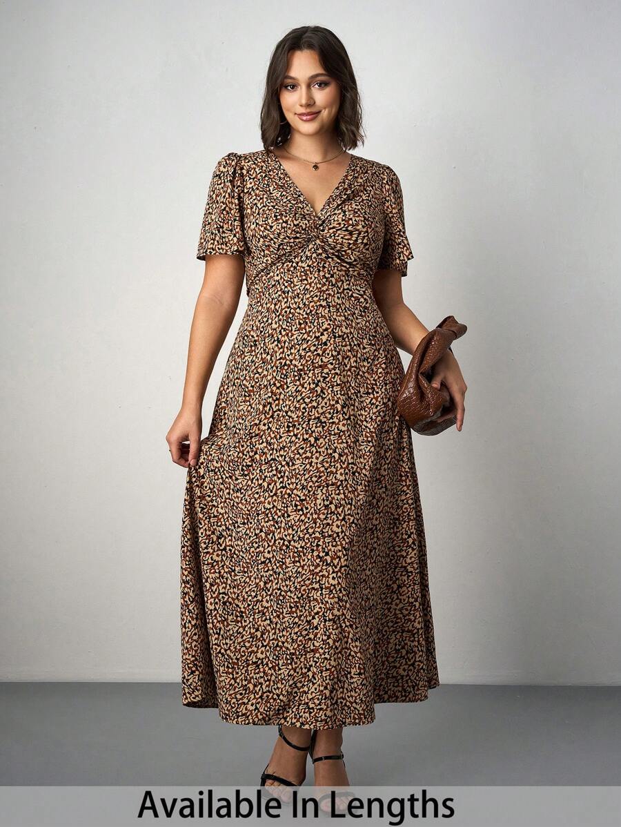 SHEIN Tall CURVE Plus Size Teacher Clothes,Bridgerton V-Neck All-Over Print Summer Short Sleeve Dress,Beach Dress Sundress,Holiday Outfits Boho - Brown - View 1