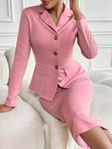 SHEIN Unity Solid Color Lapel Single-Breasted Blazer And Pencil Skirt Suit Set Fall Cloth For Women - Dusty Pink - View 4