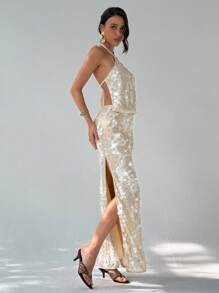 Aloruh Date Night Outfits Women Music Festival Party Disco Sequin Textured High Slit Skirt For Women - Multicolor - View 5