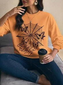 Glamance Gumgfx Áo nỉ nữ cổ tròn in hình mạng nhện và bướm, trang phục Halloween, áo nỉ Halloween mùa thu, áo nỉ in hình, áo nỉ màu cam, áo nỉ mạng nhện, áo nỉ cho nữ đi học, áo nỉ cho nữ giáo viên mùa thu và đông. - Màu Cam cháy - Xem 1
