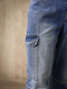 Manfinity Homme Men's Casual Washed Cargo Denim Jeans - Medium Wash - View 4