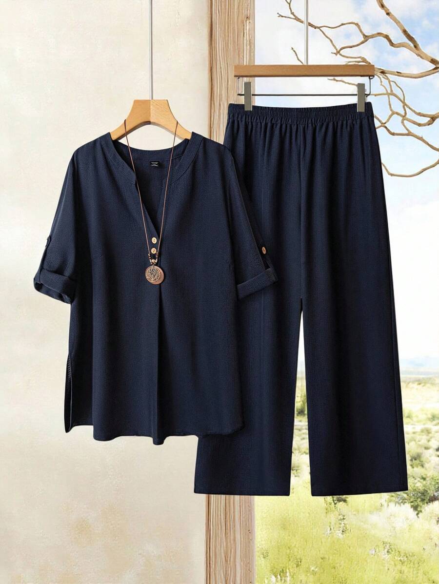 EMERY ROSE Plus Size Women's Summer Solid Color Notched V-Neck Rolled Sleeve Shirt And Wide Leg Pants Loose Casual Two-Piece Set - Navy Blue - View 1