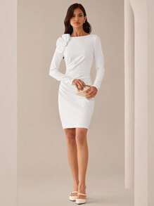 Lilora Robe longue élégante à fleurs 3D et couleur unie à manches longues pour femmes - Blanc - Voir 3