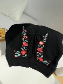 SHEIN EZwear Plus Size Women Floral Embroidery Front Tie Knit Vest Autumn Winter Clothes For Women - Black - View 6