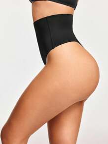 SHEIN Women's Black High Waisted Shapewear Thongs Medium Stretch Knitted Fabric Comfy Casual Long Plain Plus Size Underwear