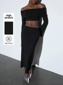 Maija Women's Black Solid Off Shoulder Long Sleeve Bell Cuff Cropped Top & High Waist Slim Fit Elastic Waist Versatile Skirt 2 Pieces Set, Suitable For Early Spring, Daily, Party, Holiday - Black - View 1