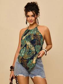 SHEIN VCAY 大码女式吊带背心，绿色热带印花无袖上衣，不对称下摆宽松吊带热带风情露背上衣，波西米亚风上衣，树叶印花上衣，波西米亚时尚度假装扮，假日装扮，都市海岸风，乡村风装扮，复古服饰，教师装扮，返校装扮，外出装扮