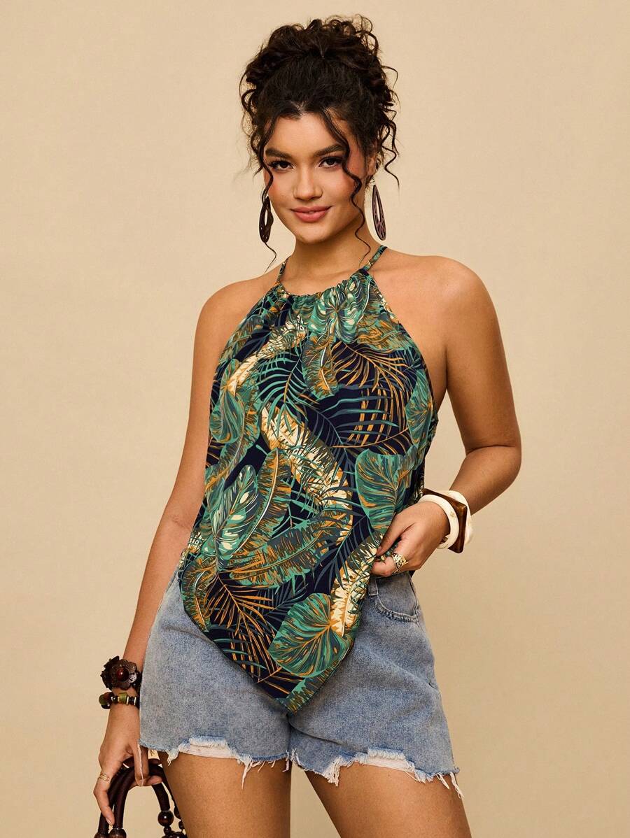 SHEIN VCAY 大码女式吊带背心，绿色热带印花无袖上衣，不对称下摆宽松吊带热带风情露背上衣，波西米亚风上衣，树叶印花上衣，波西米亚时尚度假装扮，假日装扮，都市海岸风，乡村风装扮，复古服饰，教师装扮，返校装扮，外出装扮