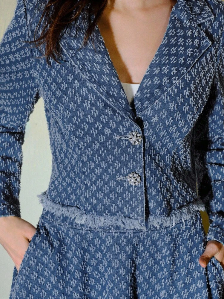 DENIM JACQUARD LAPEL COLLAR RAW EDGE JACKET & MAXI SKIRT SET , FALL WINTER