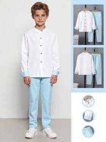 SHEIN 2 件 Tween Boy 四季休闲纯色修身立领长袖衬衫 + 休闲裤套装，适合派对、主持、钢琴演奏会、聚会、T 台、洗礼、商务 - 淺色水洗藍 - 查看 8