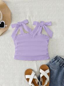 年轻女孩优雅纯色修身甜美蝴蝶结系带肩侧褶吊带背心，妈妈和女儿及姐妹搭配 - 紫色 - 查看 2