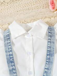 Young Girls 2 Pieces Set: Fashionable Playful White Cap Sleeve Blouse And Figure-Flattering Washed Denim Pinafore Skirt, Casual Everyday Wear, Spring/Autumn, Suitable For Little Girls Summer Outfits For Girls Clothes Set Girls Clothes Classic, School, Campus, College