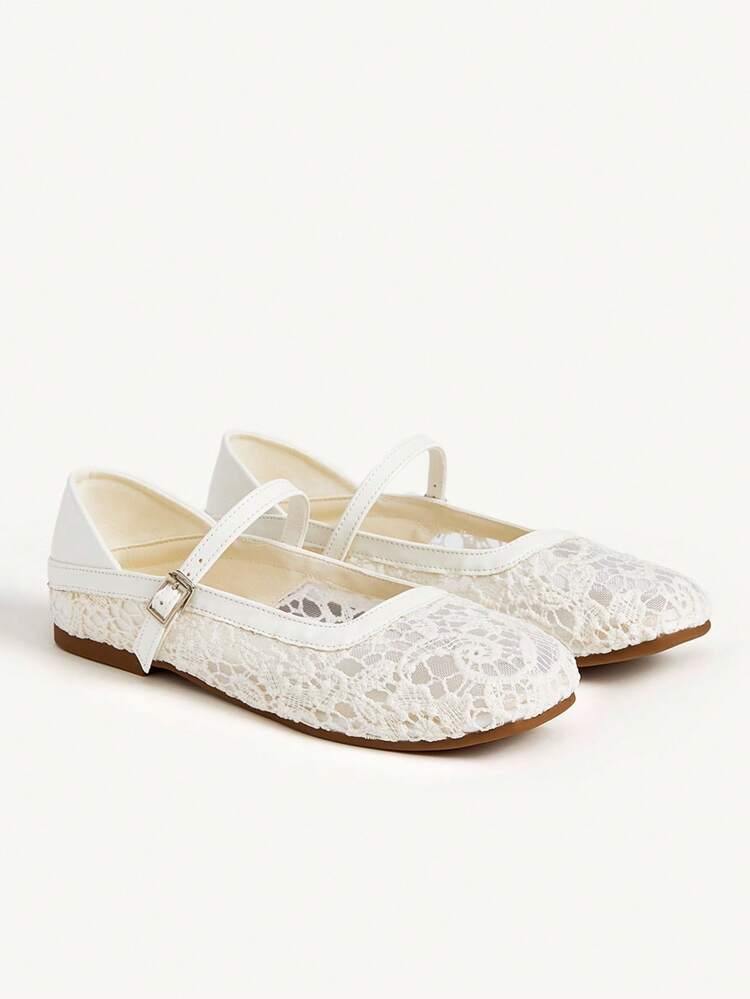 CUCCOO CHICEST Women's Round Toe Low Heel White Lace Mesh Fabric Comfortable Breathable Fashion Minimalist Elegant White Buckle Strap Mary Jane Flat Shoes