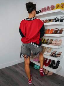 SAYEHFBABY Women's Fall Streetwear Blokecore Color-Blocked Letter Pattern Print Baseball Jackets For Back To School - Black - View 2