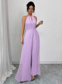 Elenzga Mono elegante de mujer para ir al trabajo, de cuello en V sin mangas, cintura con nudo, de gasa con patchwork, verde, efecto estilizador y con fondo transparente - Morado - Ver 3