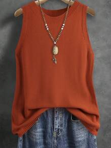 INAWLY Women's Solid Color Round Neck Loose Casual Knitted Vest - Redwood - View 1