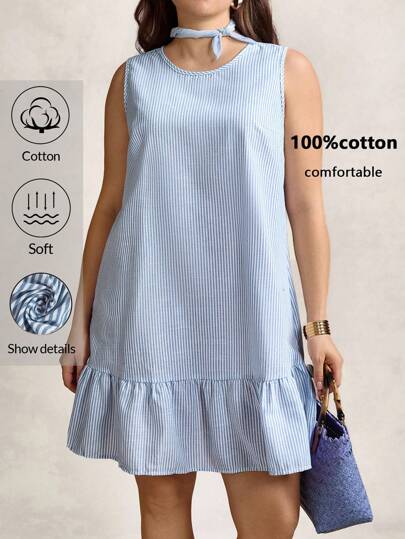 Zelara 大码夏季休闲条纹无袖连衣裙度假装女式波西米亚风太阳裙海景裙束腰女式短裙波西米亚风女式短裙复活节女式连衣裙蓝白条纹荷叶边下摆无袖圆领女式迷你连衣裙女士沙滩装、假日装、女式太阳裙