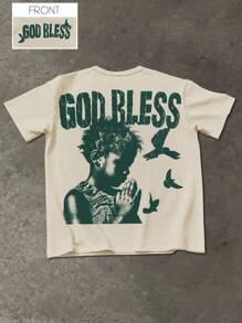 Manfinity EMRG Men's Summer Letter & Figure Print Round Neck Short Sleeve Casual T-Shirt God Bless T Shirt Beige Graphic Tee Christian Graphic Tees - Khaki - View 6