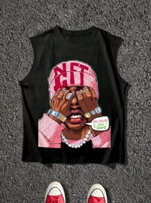 Manfinity EMRG Men's Graphic Print Loose Fit Round Neck Tank Top - Black - View 1