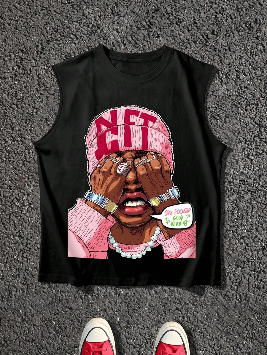 Manfinity EMRG Men's Graphic Print Loose Fit Round Neck Tank Top - Black - View 1