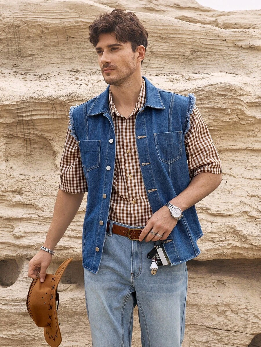 Manfinity Homme Áo vest denim sáng màu, viền tua rua, phong cách đường phố, xuân/hè - Rửa nhẹ - Xem 1