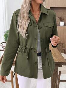 EMERY ROSE 女式纯色长袖抽绳腰单排扣休闲风衣绿色夹克女式女式绿色西装外套绿色工装夹克女式冬装冬季夹克冬季外套冬季外套女式冬装女式冬装 - 軍綠色 - 查看 6