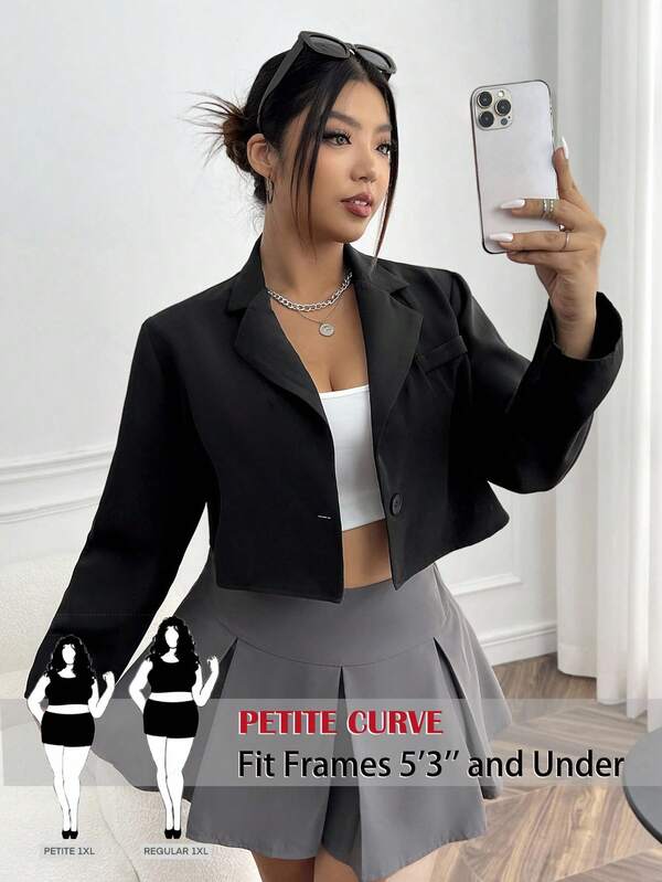 SHEIN PETITE CURVE Plus Solid Lapel Neck Crop Lightweight Blazer Cropped Blazer Crop Top Jacket Blazer Set Women Curve Work Attire Curve Office Wear In Fall/Winter