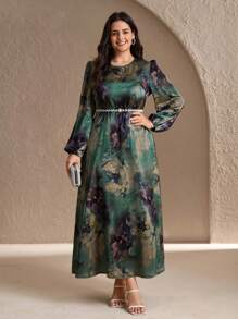 SHEIN CURVE+ 大码女士优雅浪漫扎染圆领灯笼袖A字长裙，缎面印花连衣裙，婚礼宾客礼服，优雅女装，复古女装，正式礼服，缎面连衣裙，新娘母亲礼服，2025/2026/新年新款 - 彩色 - 查看 4