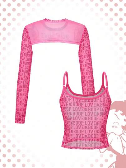 Betty Boop | ROMWE Set de 2 piezas con top camiseta transparente con gráfico de letras sexy y top corto micro para mujer