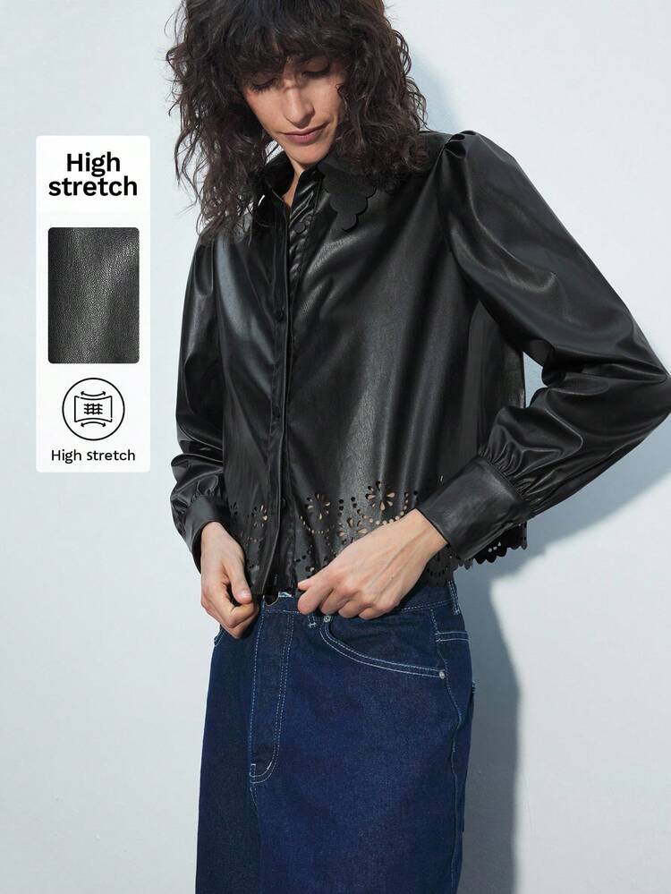 SHEIN Maija Women's Plain Front Button Long Sleeve Hollow Casual Jacket Festival