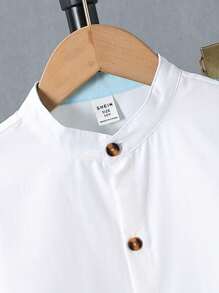 SHEIN 2 件 Tween Boy 四季休闲纯色修身立领长袖衬衫 + 休闲裤套装，适合派对、主持、钢琴演奏会、聚会、T 台、洗礼、商务 - 淺色水洗藍 - 查看 7