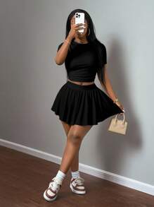 Slaydiva 新款春夏休闲基础运动风简约圆领短袖两面聚拢短T恤+摆伞裙两边短款前后中长款小Leo - 彩色 - 查看 9