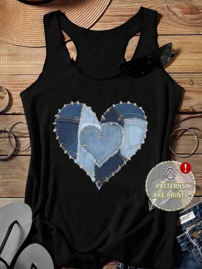 SHEIN LUNE Women's Casual Denim Effect Heart Shaped Strap Tank Top,Slightly Sheer Summer Back To School,Casual