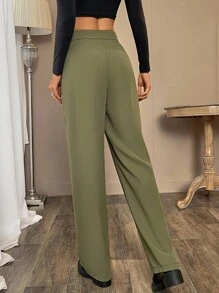 Chiquease بنطلون كاجوال مطوي بخصر ضيق للنساء، مناسب للربيع والخريف للجامعة - أخضر عسكري - مشاهدة 2