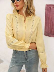 Vivid Eden Women's Lace Trim Long Sleeve Button-Up Yellow Blouse ,Fall Women Clothes, Yellow Lace Blouse, Women Yellow Top, Light Yellow Top, Women Blouses Elegant, Lace Shirts,Going Out Tops Women - Yellow - View 3