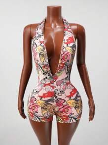 BamGleam 2025夏季新款休闲街头音乐节购物性感露背图案女弹力紧身裤-Z - 黑色 - 查看 3