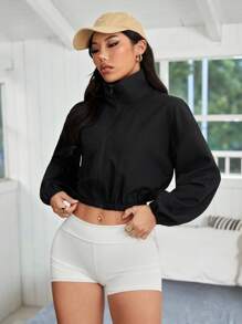 SHEIN PETITE Zip Up Crop Casual Drop Shoulder Jacket In Fall/Winter - Black - View 1