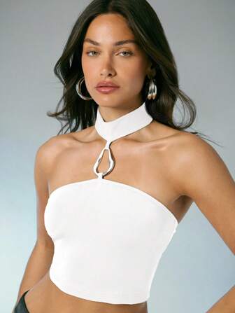 Denimoi Women's Sexy Front Metal Ring Detail Simple Going Out Top