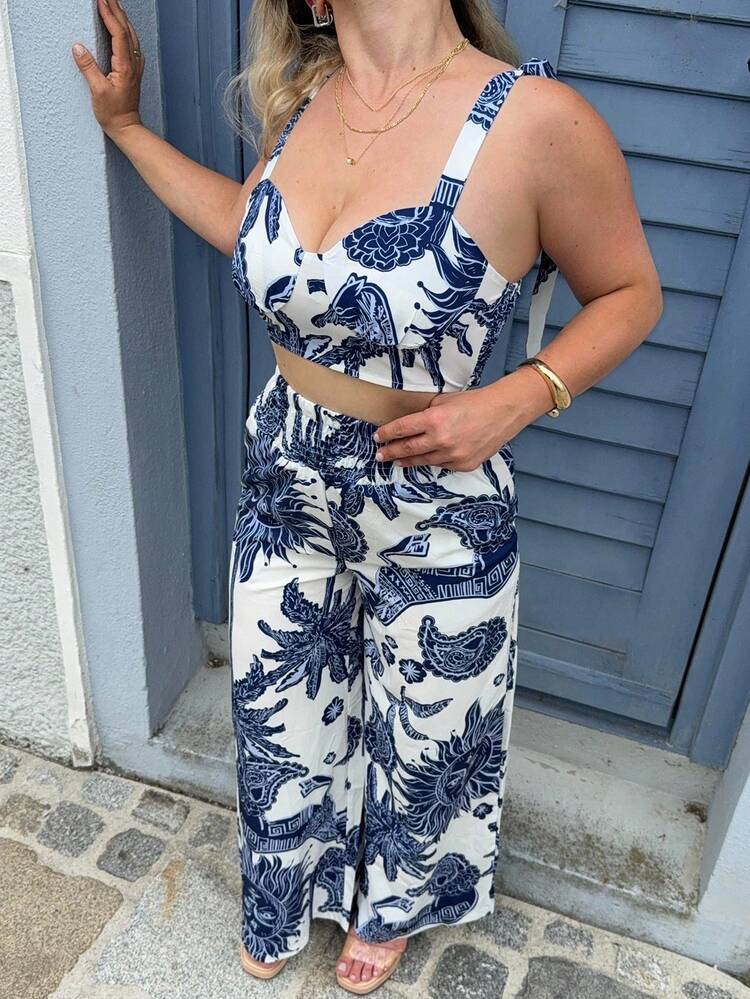 Jeta Ari 2 Pieces Set: Bohemian Style Blue & White Print Bib Strap Crop Top With Tie Waist Straight Leg Pants, Vacation Outfit - Blue and White - View 3