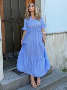 Jeta Ari Women's Vacation Casual Plaid Cut-Out Neck Long Dress - Blue and White - View 1
