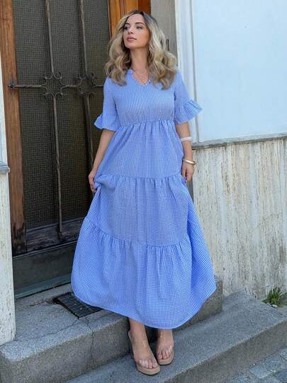 Jeta Ari Women's Vacation Casual Plaid Cut-Out Neck Long Dress