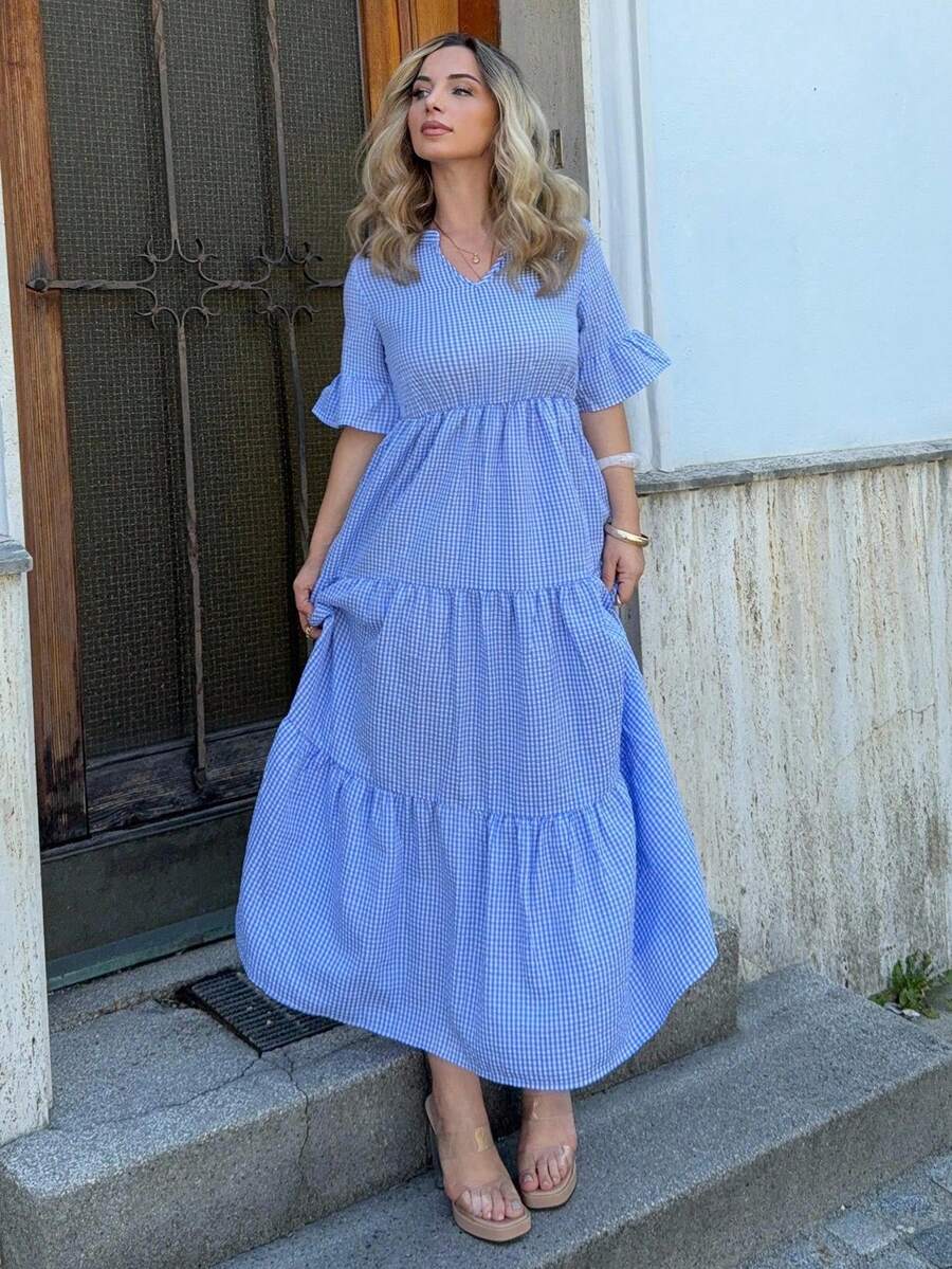 Jeta Ari Women's Vacation Casual Plaid Cut-Out Neck Long Dress - Blue and White - View 1