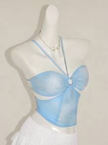 SHEIN ICON Women's Blue Lace, Sequin & Mesh Splice Front Circular Ring Tie Ruched Hollow Slim Sexy Camisole For Summer - Blue - View 8