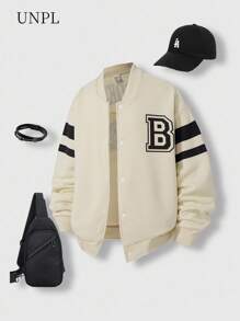 SHEIN Tween Boy Letter Print Long Sleeve Single-Breasted Casual Baseball Jacket Letter Jacket Baseball - Apricot - View 2